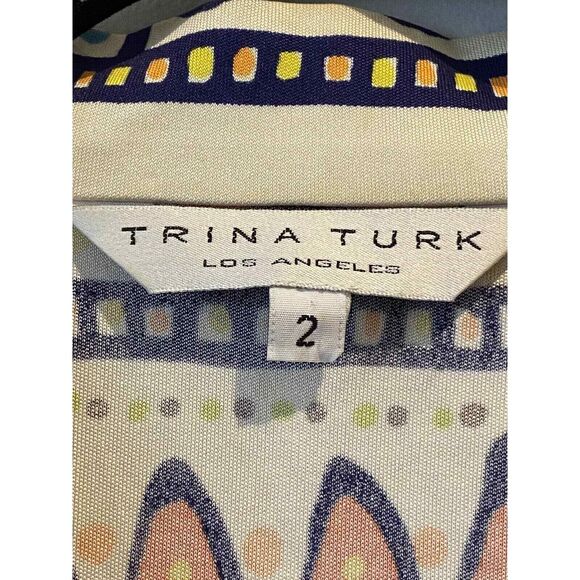 Trina Turk Multicolor Tribal Art 100% Silk Blouse Size 2 With Side Zipper - Picture 4 of 9